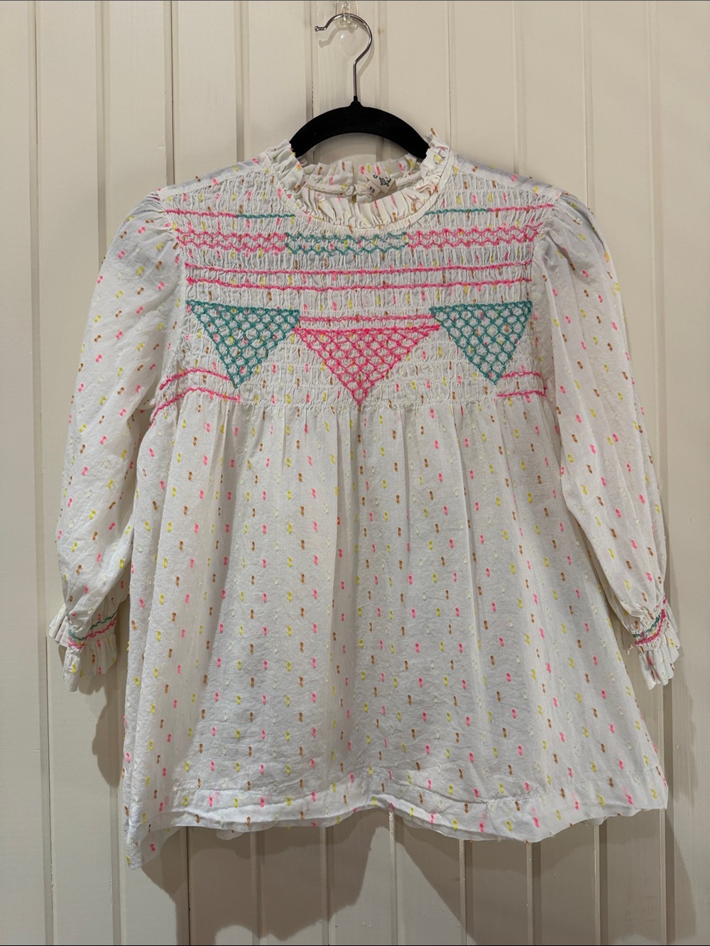 ivy jane White Smocked Blouse with Pink & Teal Embroidery